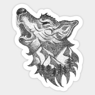 The crying wolf, mountains and wilderness - black ink in stipple technique Sticker